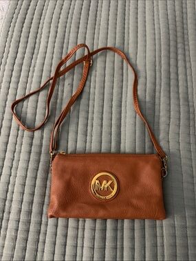Michael Kors Tan Leather Crossbody with Gold MK Emblem